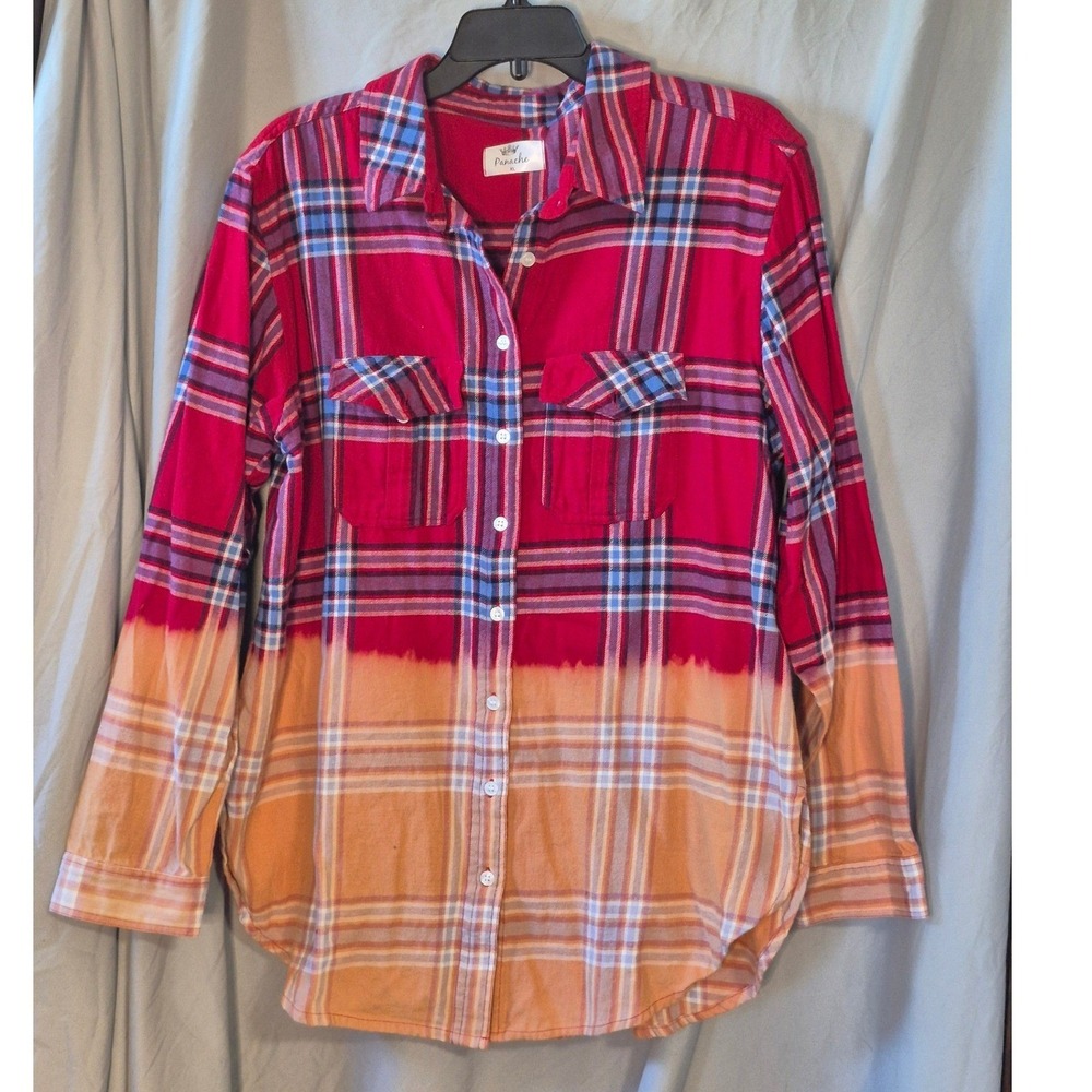 Panache Womens XL Red Orange Plaid Flannel Dip Dye Bleached Button Down Shirt